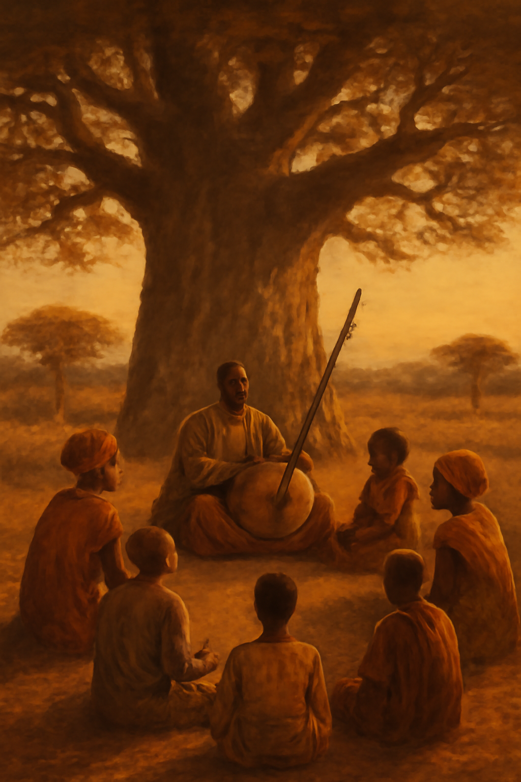 African community gathering for storytelling under a large tree