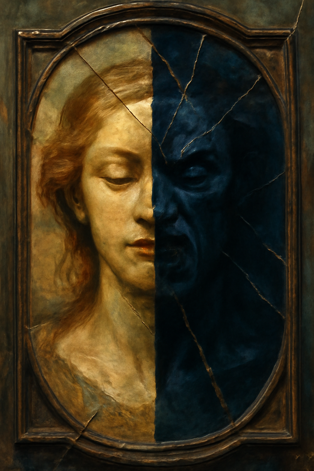 An eerie dramatic portrayal of a person clutching a white mask in darkness