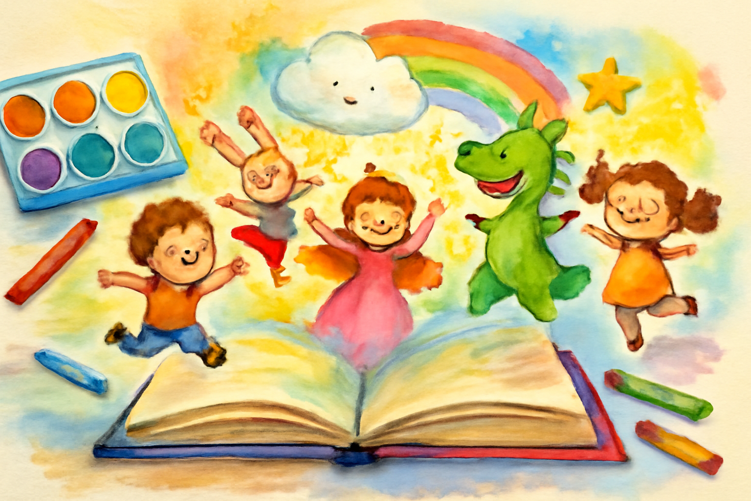 A child reading an illustrated storybook outdoors