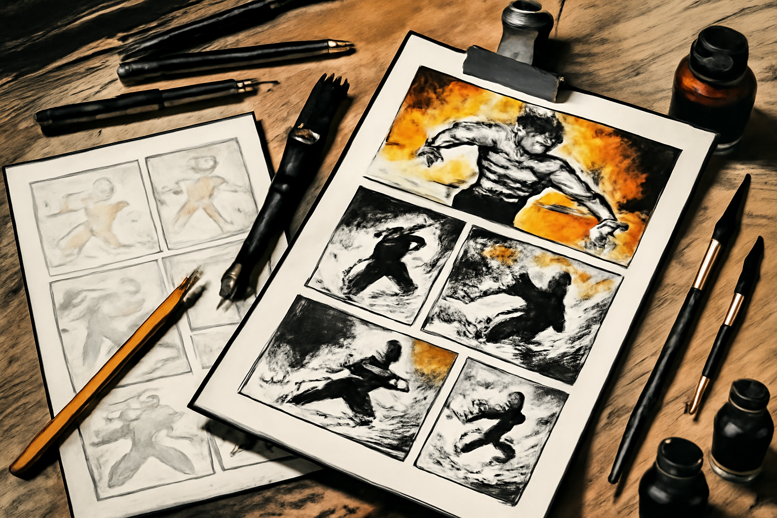 Sketched comic book art on a drawing table
