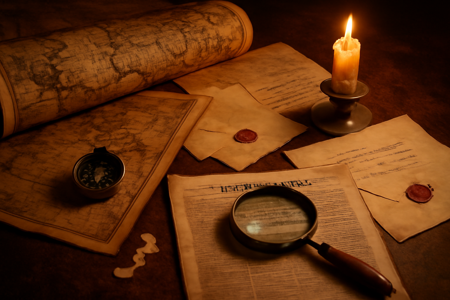 Antique maps and historical documents on a research desk