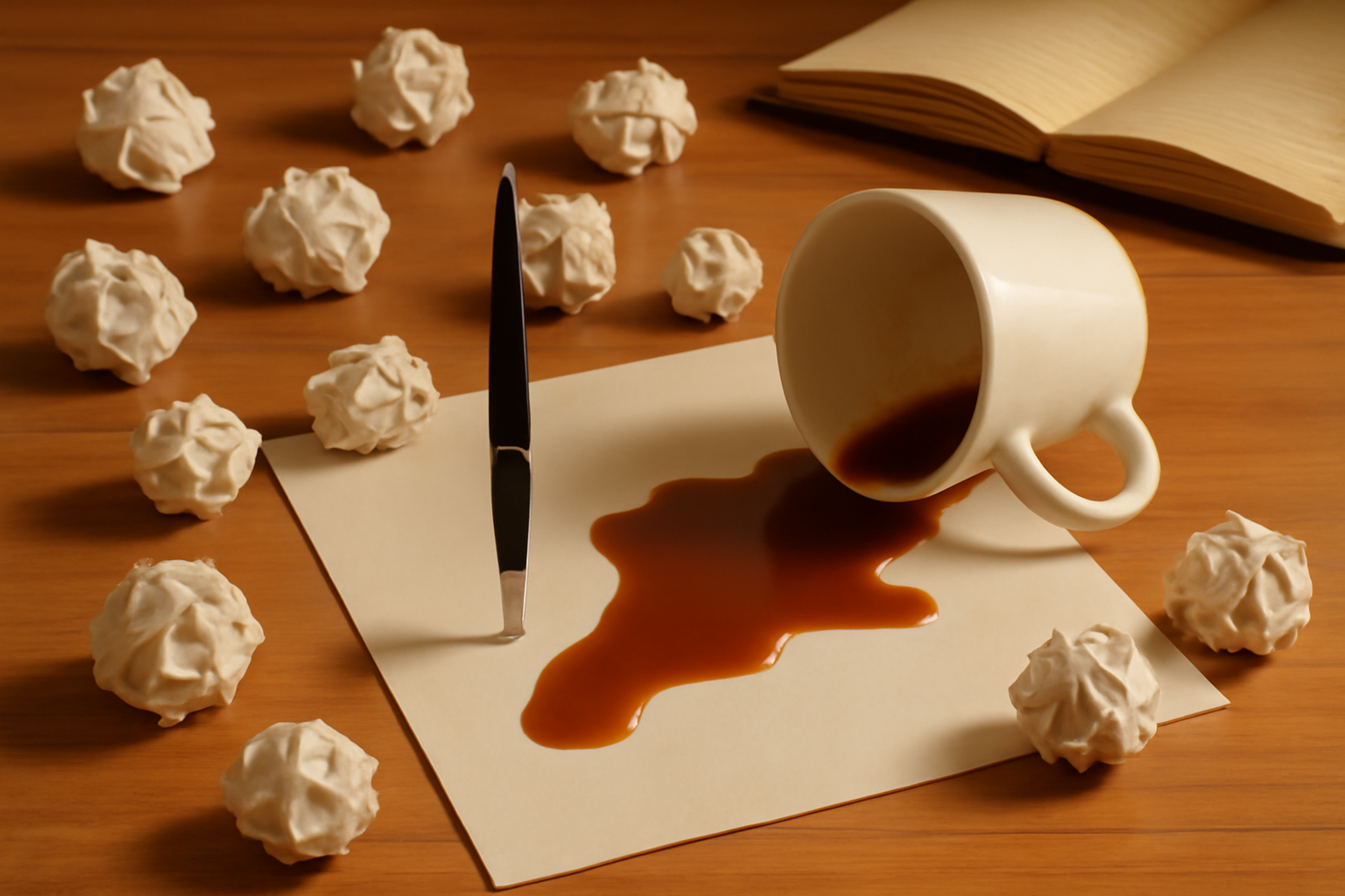 Writer at a playful creative desk with crumpled paper