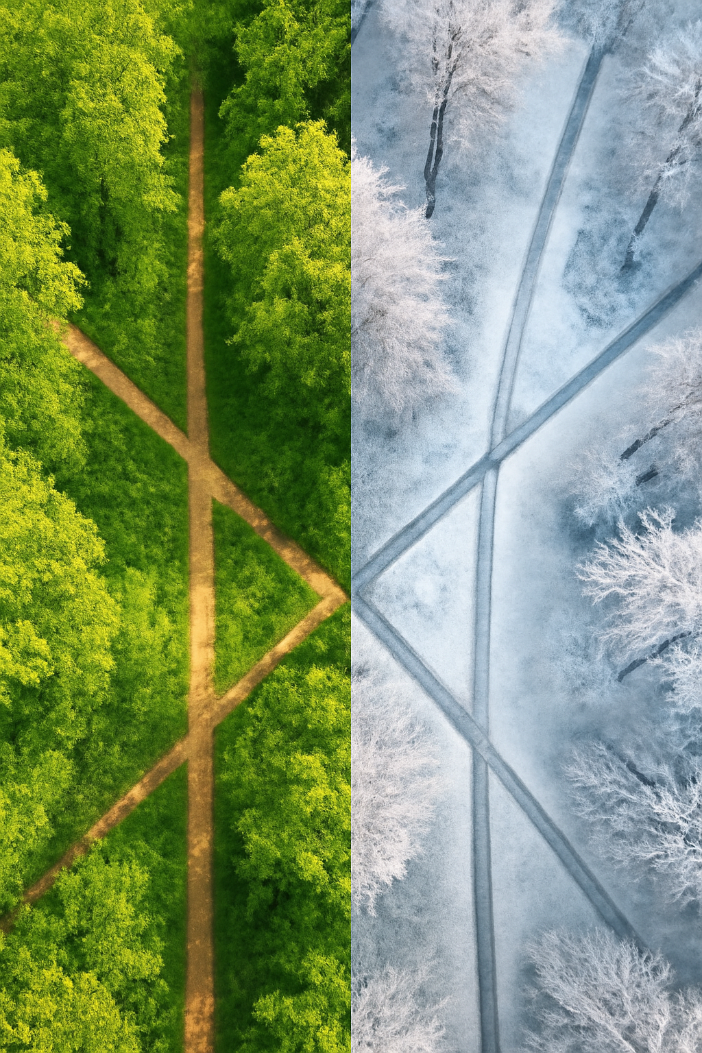 Diverging paths from above representing parallel story timelines