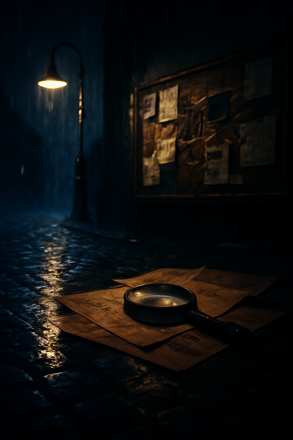 Dark wet cobblestone alley at night with moody lighting