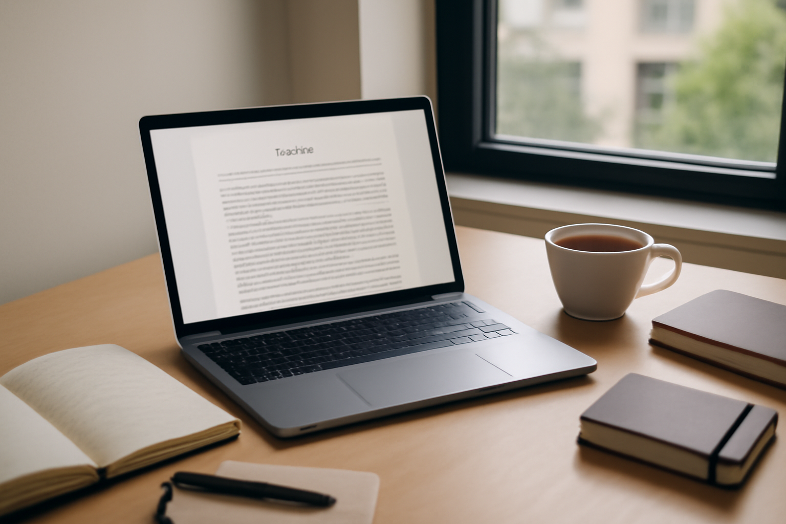 Modern workspace with laptop showing writing software
