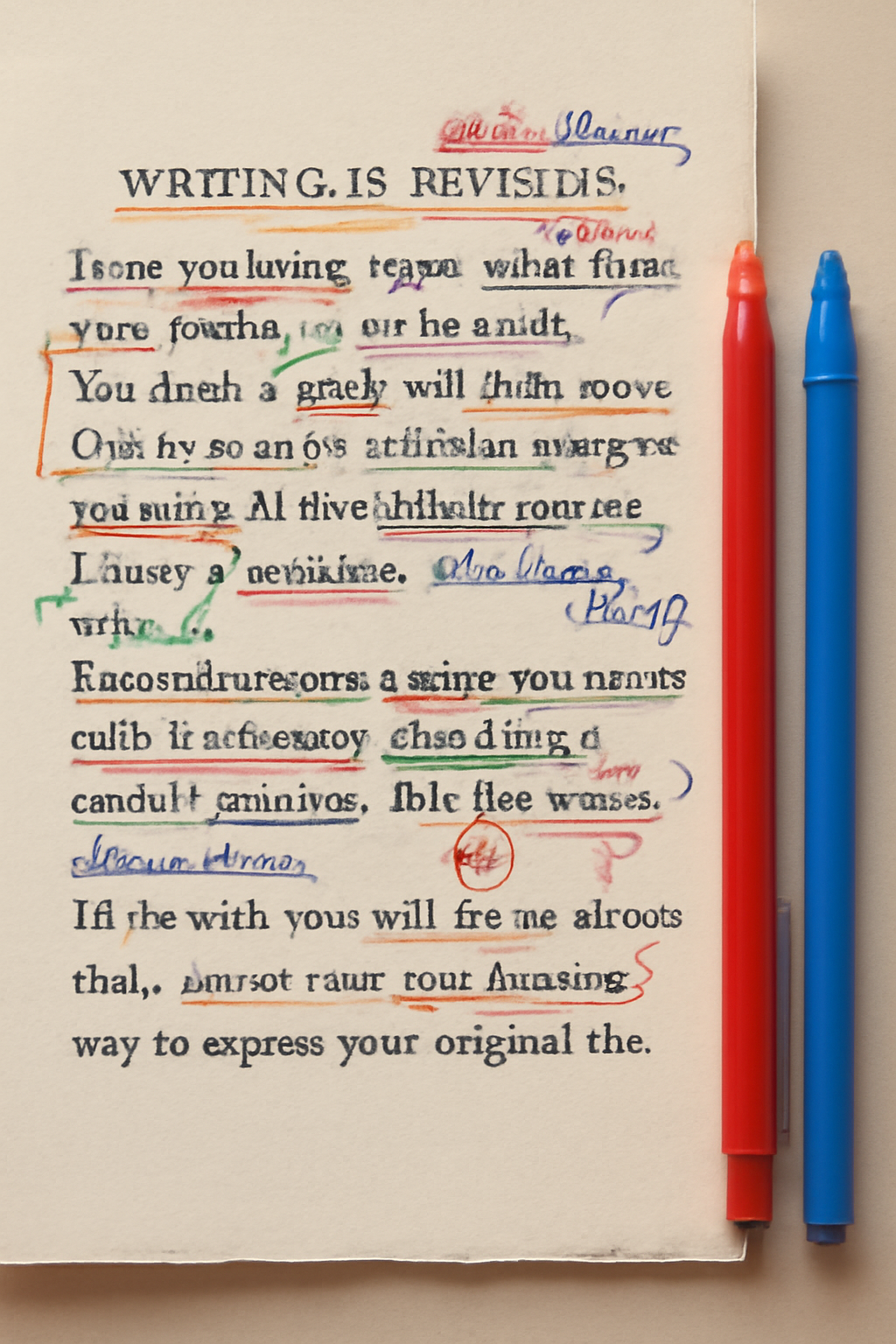Manuscript with colorful editing marks and a red pen