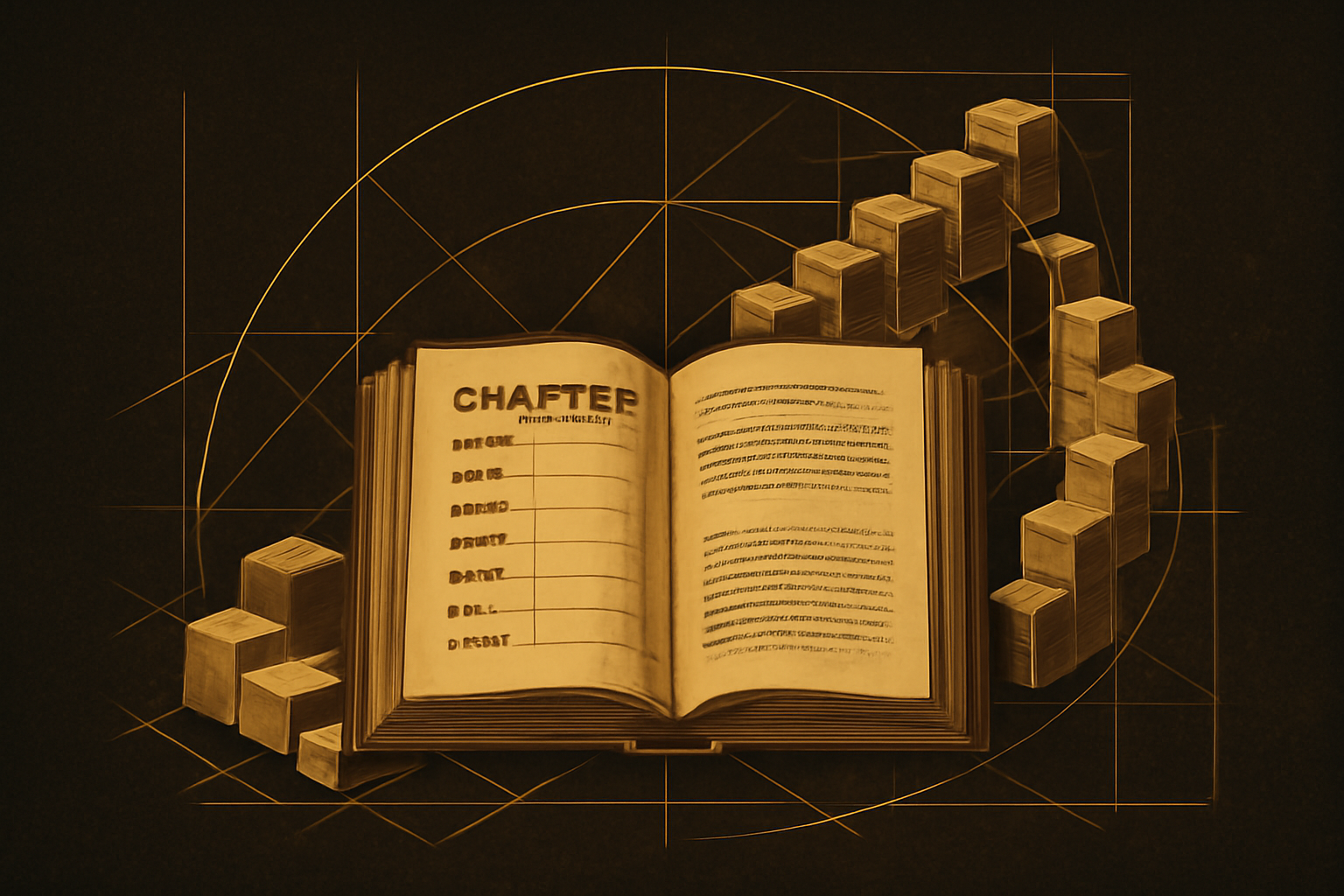 An open vintage book on a wooden surface with dramatic lighting