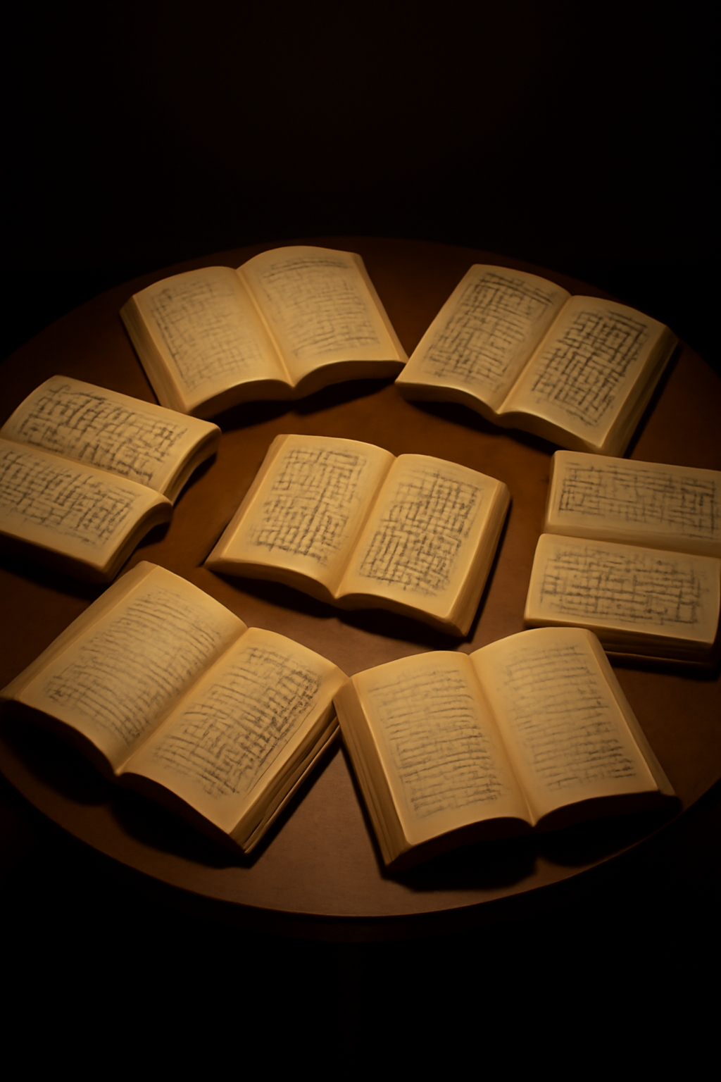 Books from different cultures and languages on a library table