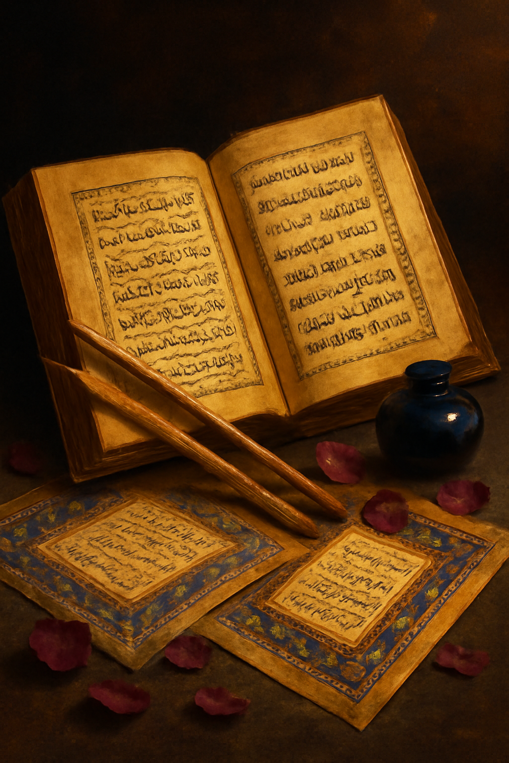 Ornate open poetry book with Arabic, Persian, and Devanagari calligraphy surrounded by reed pens and illuminated manuscripts